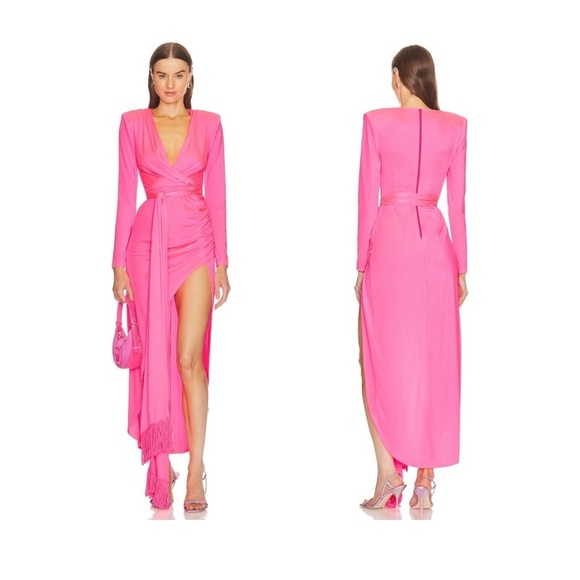 Bronx and Banco Electric Barbie Pink Fringe Belted Maxi Dress Size Medium - Picture 2 of 10